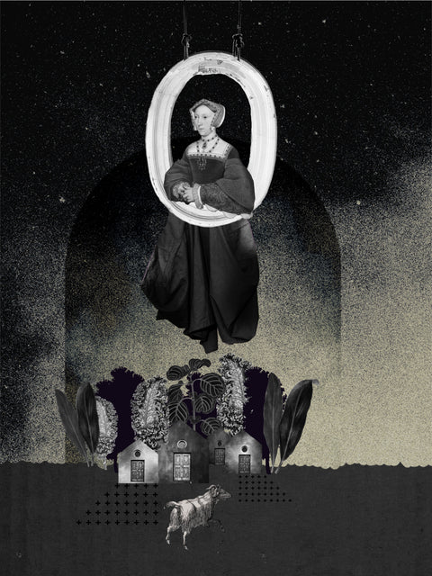 Oscuridad, collage digital de CASACOLLAGE, 30 × 40 cm. Retrato enmarcado con pequeñas casas y formas vegetales sobre fondo negro.