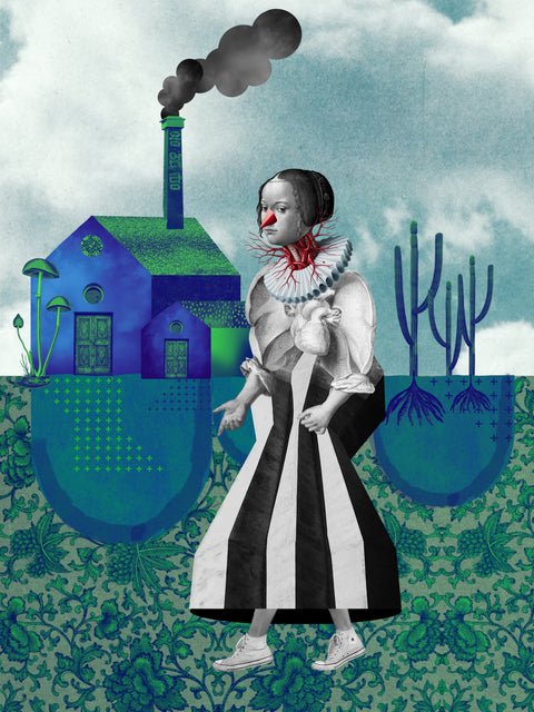 Paya-si-na, collage digital de CASACOLLAGE, 30 × 40 cm. Una figura con una niña, una casa azul y plantas en tonos verdes.