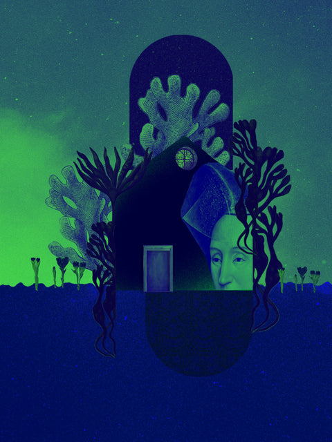 Copuchenta, collage digital de CASACOLLAGE, 30 × 40 cm. Rostros, hojas y una pequeña puerta en una composición azul y verde.