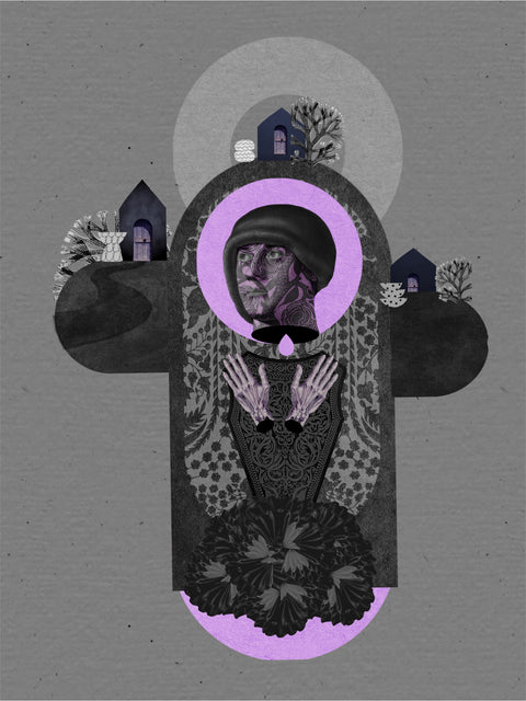 Te ruego, collage digital de CASACOLLAGE, 30 × 40 cm. Retrato en grises con un círculo violeta, pequeñas casas y hojas.