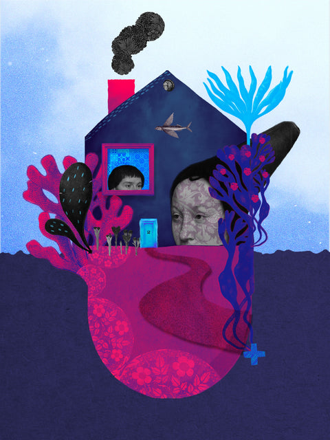 Silencio, collage digital de CASACOLLAGE, 30 × 40 cm. Casa azul, retrato y plantas en una composición de azul y fucsia.
