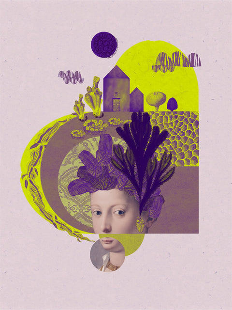 A los ojos, collage digital de CASACOLLAGE, 30 × 40 cm. Retrato, hojas violetas y una casa sobre círculos amarillos y fondo rosado.