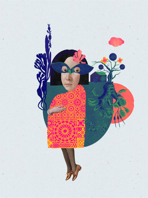 Antifaz, collage digital de CASACOLLAGE, 30 × 40 cm. Figura con antifaz azul, vestido de colores, flores y una pequeña casa.