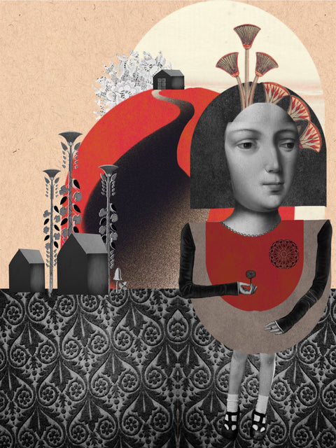 Camino, collage digital de CASACOLLAGE, 30 × 40 cm. Figura sentada, casas y un camino negro sobre una composición roja y beige.