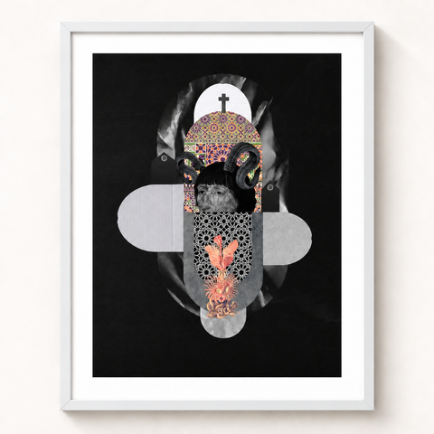 Demonia · mockup de referencia con marco blanco y paspartú blanco.