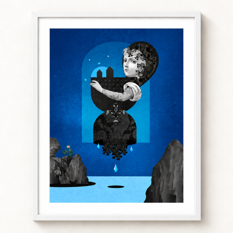 La isla · mockup de referencia con marco blanco y paspartú blanco.