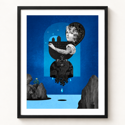 La isla · mockup de referencia con marco negro y paspartú blanco.