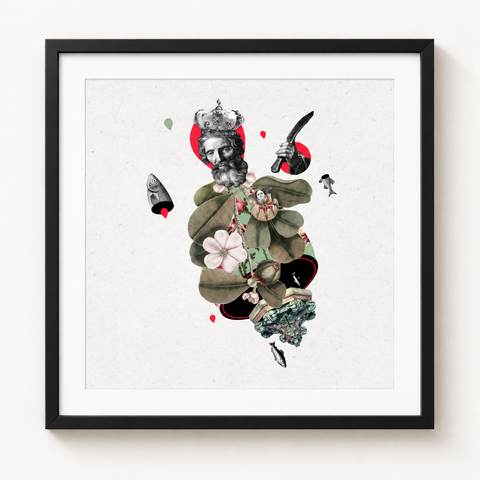 El jardín del rey · mockup de referencia con marco negro y paspartú blanco.