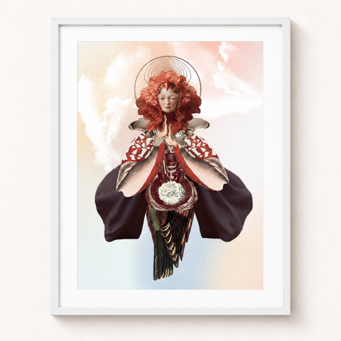 La devoción · mockup de referencia con marco blanco y paspartú blanco.