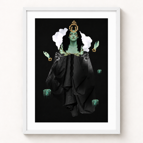 La guardiana del agua · mockup de referencia con marco blanco y paspartú blanco.
