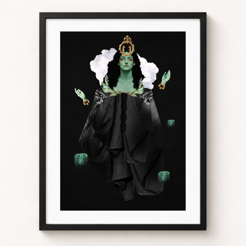 La guardiana del agua · mockup de referencia con marco negro y paspartú blanco.