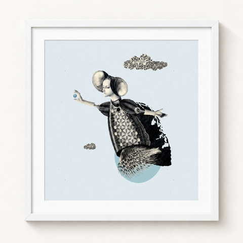 Correo al cielo · mockup de referencia con marco blanco y paspartú blanco.