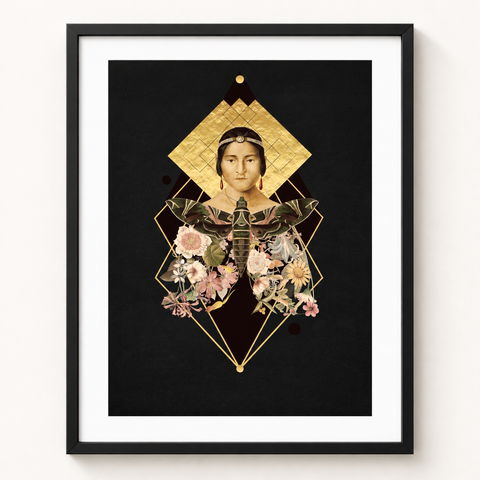 Geometría del alma · mockup de referencia con marco negro y paspartú blanco.