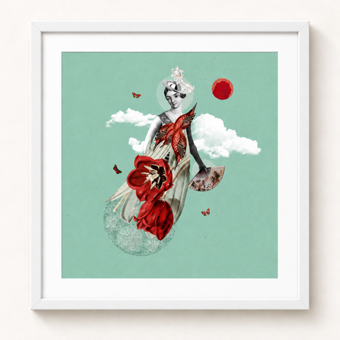 Rumba, samba, mambo · mockup de referencia con marco blanco y paspartú blanco.