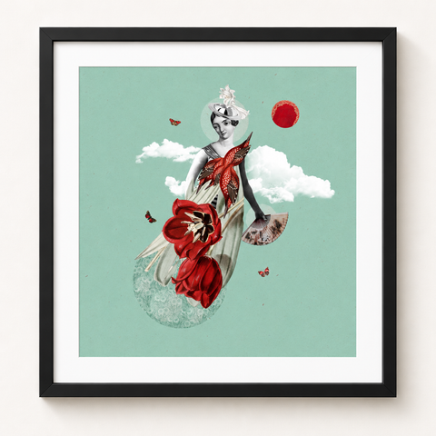 Rumba, samba, mambo · mockup de referencia con marco negro y paspartú blanco.