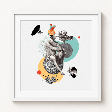 Luz, cámara, acción · mockup de referencia con marco blanco y paspartú blanco.