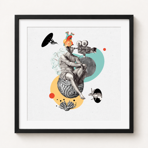 Luz, cámara, acción · mockup de referencia con marco negro y paspartú blanco.