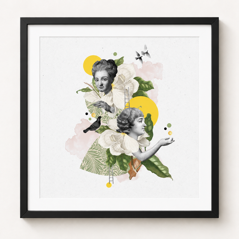 Las palomeras · mockup de referencia con marco negro y paspartú blanco.