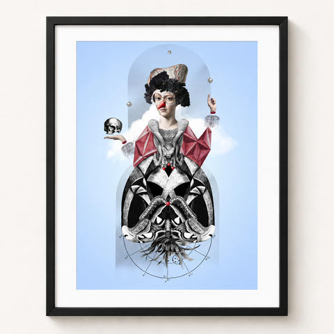 Carnaval · mockup de referencia con marco negro y paspartú blanco.
