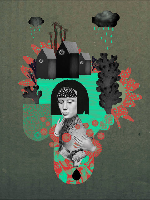 Sola, collage digital de CASACOLLAGE, 30 × 40 cm. Retrato, tres casas y nubes con lluvia, en verde y coral.