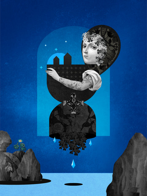 La isla, collage digital de CASACOLLAGE, 30 × 40 cm. Figura con dos casas, flores blancas y formas geométricas sobre fondo azul.