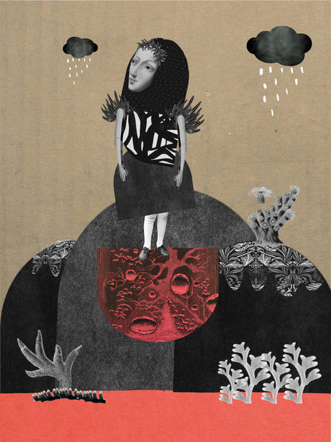 Aparición, collage digital de CASACOLLAGE, 30 × 40 cm. Figura de pie sobre formas negras, con nubes, lluvia y acentos rojos.