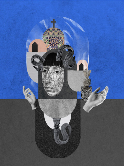 Azul, collage digital de CASACOLLAGE, 30 × 40 cm. Retrato con cuernos curvos, manos y arquitectura sobre fondo azul.