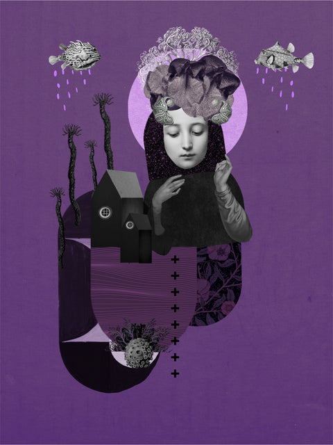 Te fuiste, collage digital de CASACOLLAGE, 30 × 40 cm. Retrato femenino con casas negras, peces y formas vegetales sobre fondo violeta.