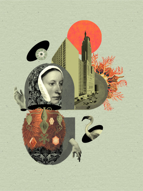 Amanecer, collage digital de CASACOLLAGE, 30 × 40 cm. Retrato femenino junto a edificios, un sol naranja y un ave sobre fondo verde claro.